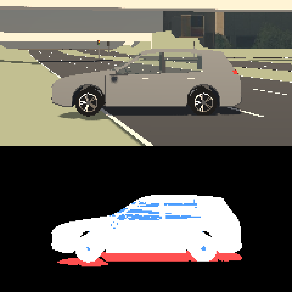 同じ瞬間の車のカメラの絵。上は Godot が描いた色の絵、下は MuJoCo が描いた物体の意味の塗り分け
