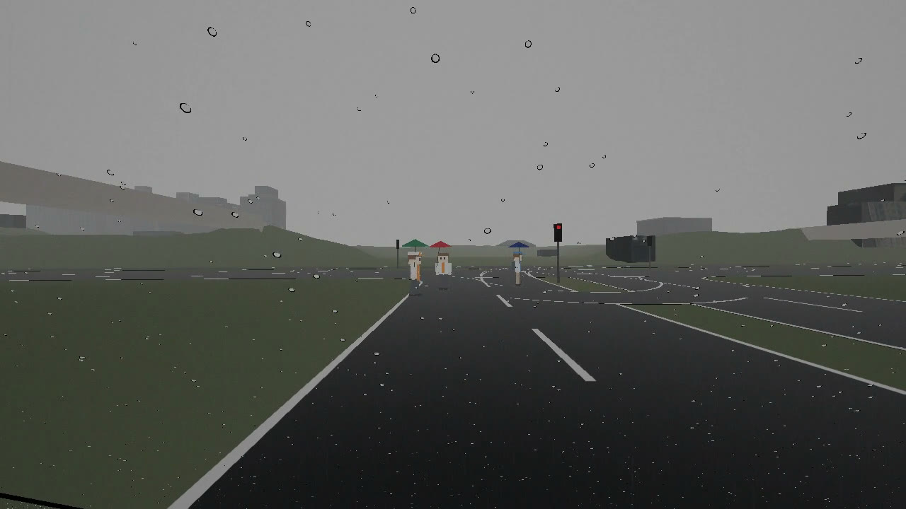 雨の都庁の交差点。信号は赤で、傘をさした箱庭人間が横断歩道の手前にいる
