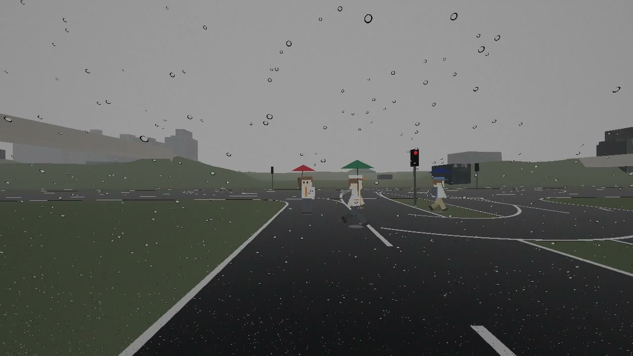 雨の交差点。車の信号は赤で、傘をさした 3 人の箱庭人間が横断歩道を渡っている